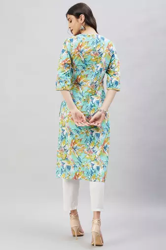 Winered women light blue printed w/d neck embroidered kurta