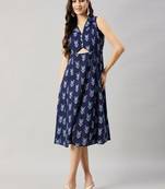 winered women navy blue front triangle cut -out a-line dress