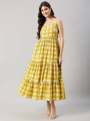 Winered women yellow floral lace strap tiered dress 1