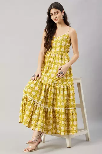 Winered women yellow floral lace strap tiered dress