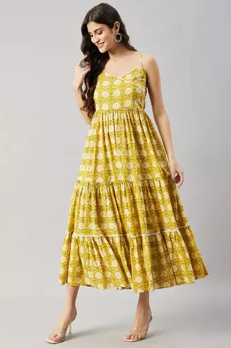 Winered women yellow floral lace strap tiered dress