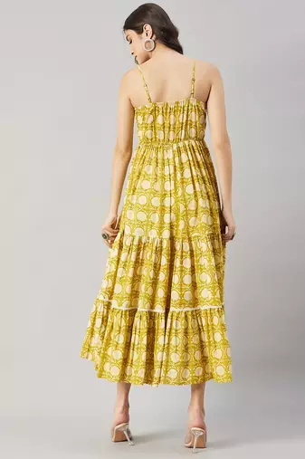 Winered women yellow floral lace strap tiered dress