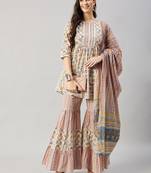 Winered woman white geomatric print embroidery neck sharara with dupatta set