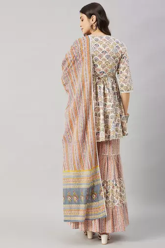 Winered woman white geomatric print embroidery neck sharara with dupatta set