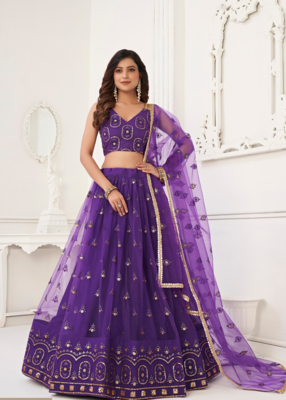 WOMEN'S PURPLE BUTTERFLY NET EMBROIDERED THREAD WORK LEHENGA CHOLI 1