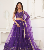 WOMEN'S PURPLE BUTTERFLY NET EMBROIDERED THREAD WORK LEHENGA CHOLI