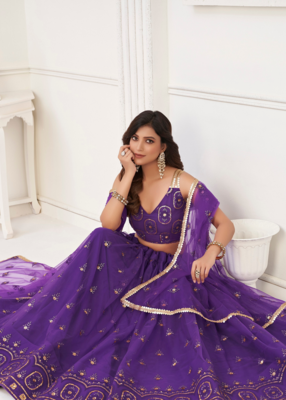 WOMEN'S PURPLE BUTTERFLY NET EMBROIDERED THREAD WORK LEHENGA CHOLI 2