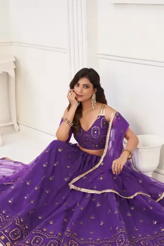 WOMEN'S PURPLE BUTTERFLY NET EMBROIDERED THREAD WORK LEHENGA CHOLI