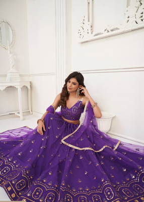 WOMEN'S PURPLE BUTTERFLY NET EMBROIDERED THREAD WORK LEHENGA CHOLI 3