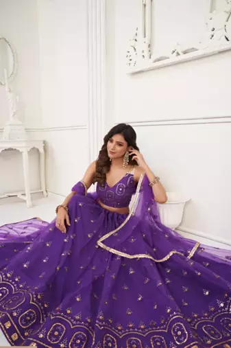 WOMEN'S PURPLE BUTTERFLY NET EMBROIDERED THREAD WORK LEHENGA CHOLI