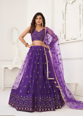 WOMEN'S PURPLE BUTTERFLY NET EMBROIDERED THREAD WORK LEHENGA CHOLI 4