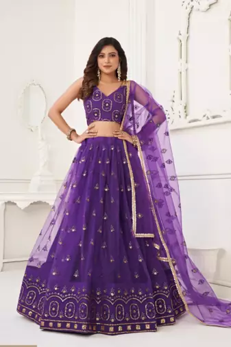 WOMEN'S PURPLE BUTTERFLY NET EMBROIDERED THREAD WORK LEHENGA CHOLI