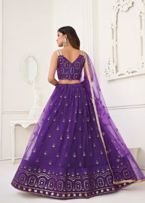 WOMEN'S PURPLE BUTTERFLY NET EMBROIDERED THREAD WORK LEHENGA CHOLI 5