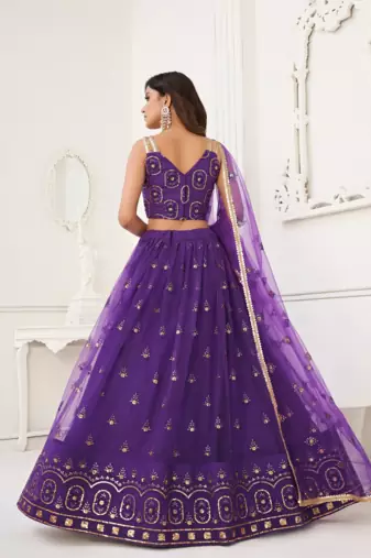 WOMEN'S PURPLE BUTTERFLY NET EMBROIDERED THREAD WORK LEHENGA CHOLI