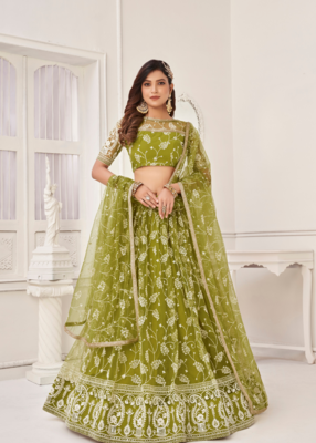 EILARA WOMEN'S OLIVE GREEN BUTTERFLY NET EMBROIDERED THREAD WORK PARTY WEAR LEHENGA CHOLI 1
