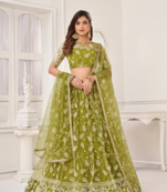 EILARA WOMEN'S OLIVE GREEN BUTTERFLY NET EMBROIDERED THREAD WORK PARTY WEAR LEHENGA CHOLI