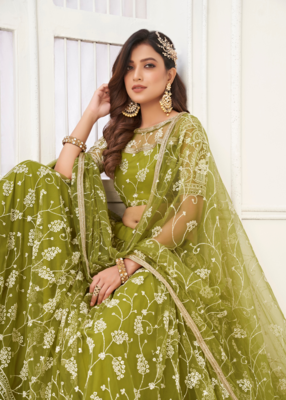 EILARA WOMEN'S OLIVE GREEN BUTTERFLY NET EMBROIDERED THREAD WORK PARTY WEAR LEHENGA CHOLI 2