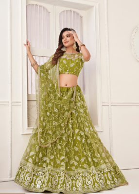 EILARA WOMEN'S OLIVE GREEN BUTTERFLY NET EMBROIDERED THREAD WORK PARTY WEAR LEHENGA CHOLI 3