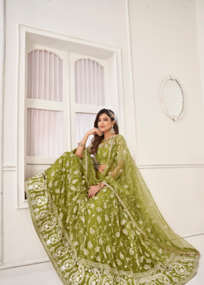 EILARA WOMEN'S OLIVE GREEN BUTTERFLY NET EMBROIDERED THREAD WORK PARTY WEAR LEHENGA CHOLI 4