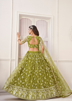 EILARA WOMEN'S OLIVE GREEN BUTTERFLY NET EMBROIDERED THREAD WORK PARTY WEAR LEHENGA CHOLI 5