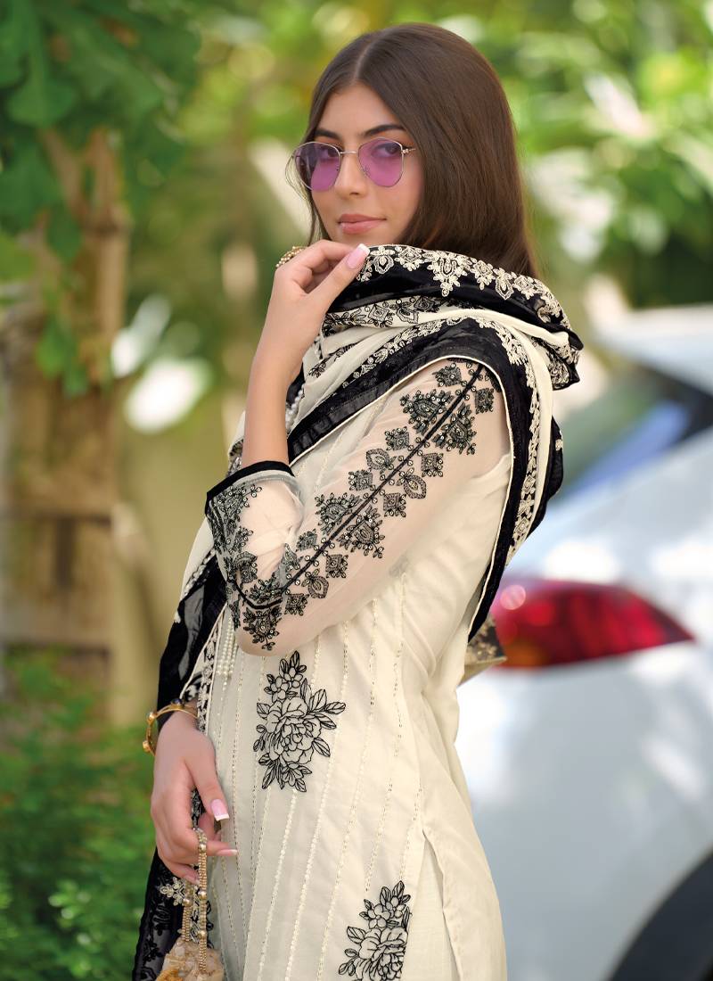 Beautiful White Pakistani Style Straight Suit For Women Ethnic Wear