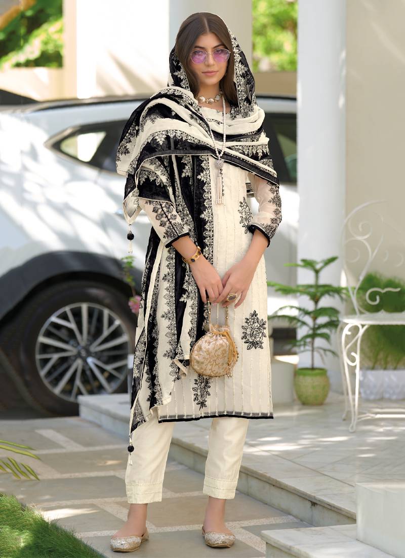 Beautiful White Pakistani Style Straight Suit For Women Ethnic Wear