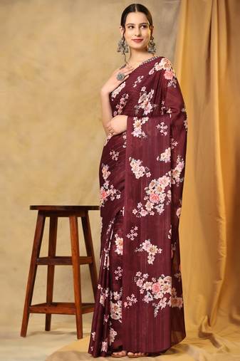 Wine Colour Floral Printed Sari