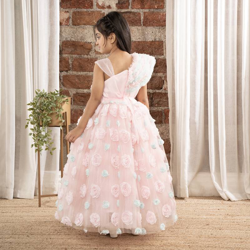 one shoulder ruffled sleeves with shimmer and 3d flower embellished Ball Gown- Baby Pink