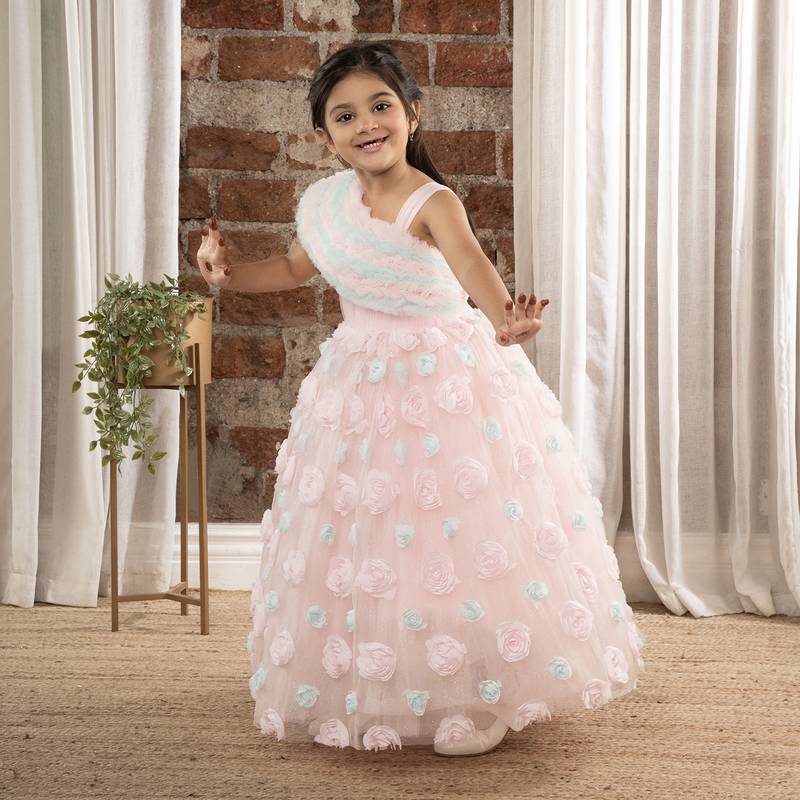one shoulder ruffled sleeves with shimmer and 3d flower embellished Ball Gown- Baby Pink