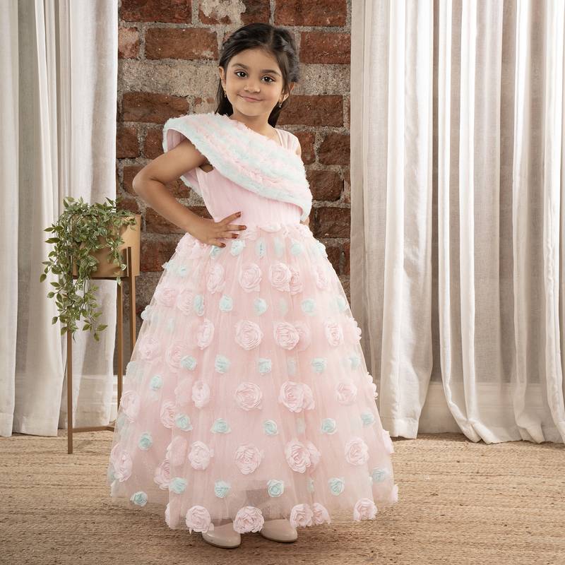 one shoulder ruffled sleeves with shimmer and 3d flower embellished Ball Gown- Baby Pink