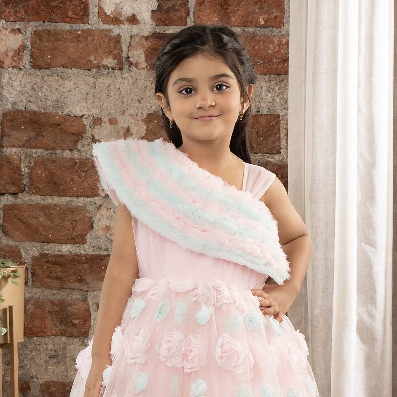 one shoulder ruffled sleeves with shimmer and 3d flower embellished Ball Gown- Baby Pink