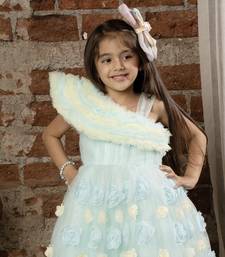 one shoulder ruffled sleeves with shimmer and 3d flower embellished Ball Gown- Sky Blue