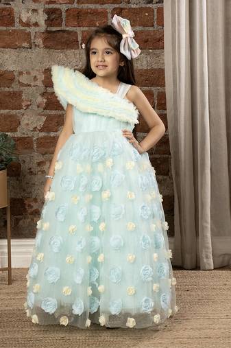 Ministitch one shoulder ruffled sleeves with shimmer and 3d flower embellished Ball Gown- Sky Blue