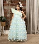 one shoulder ruffled sleeves with shimmer and 3d flower embellished Ball Gown- Sky Blue
