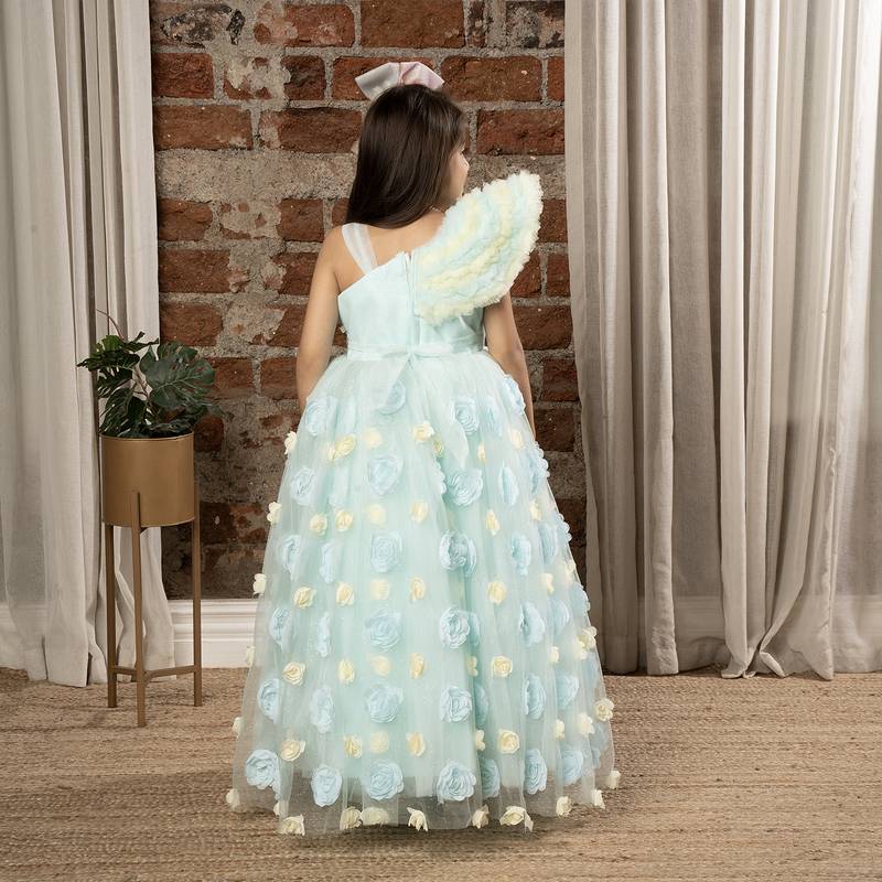 one shoulder ruffled sleeves with shimmer and 3d flower embellished Ball Gown- Sky Blue
