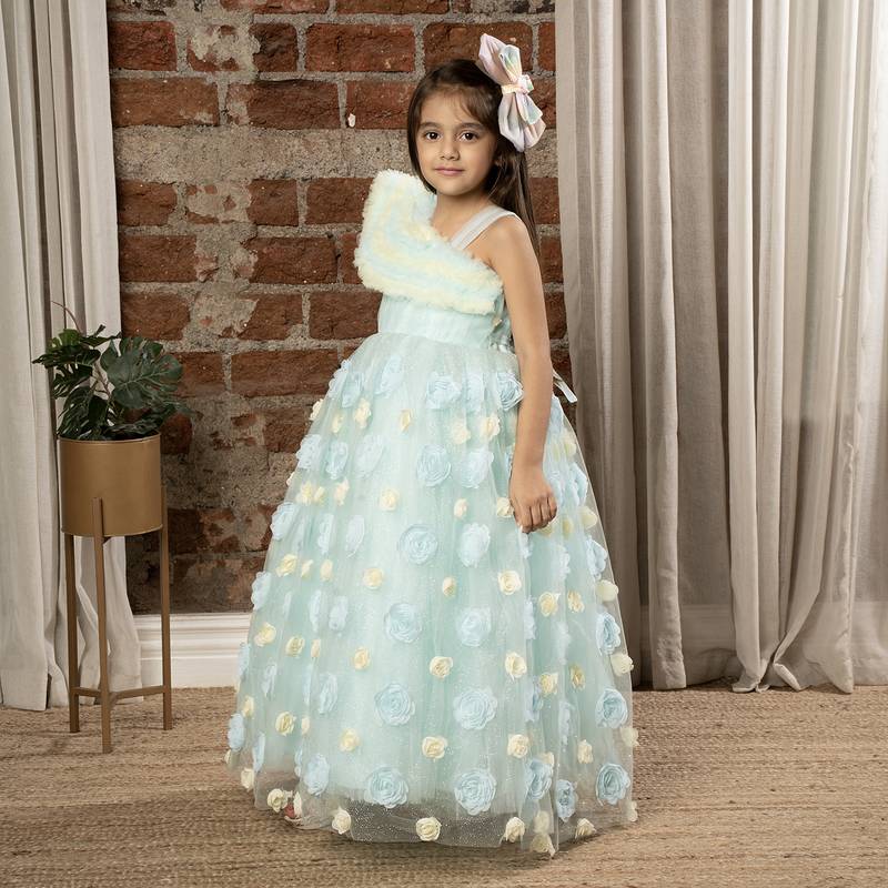 one shoulder ruffled sleeves with shimmer and 3d flower embellished Ball Gown- Sky Blue
