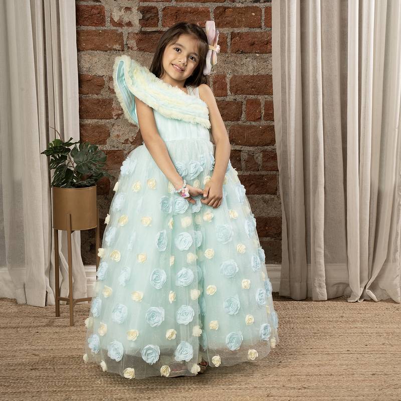 one shoulder ruffled sleeves with shimmer and 3d flower embellished Ball Gown- Sky Blue