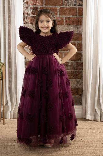 Ministitch angel sleeves 3D Floral embellished Party wear Ball Gown for baby Girls - Wine