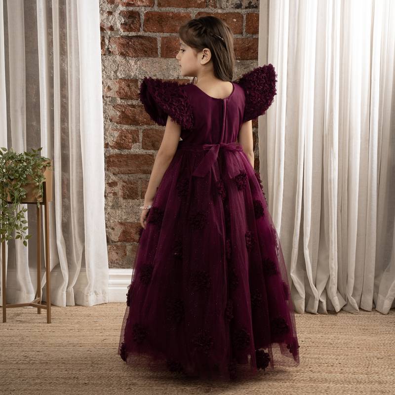 angel sleeves 3D Floral embellished Party wear Ball Gown for baby Girls - Wine