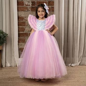 Sequin body Angel sleeves fit and flare ball gown for baby Girls - Baby Pink 1