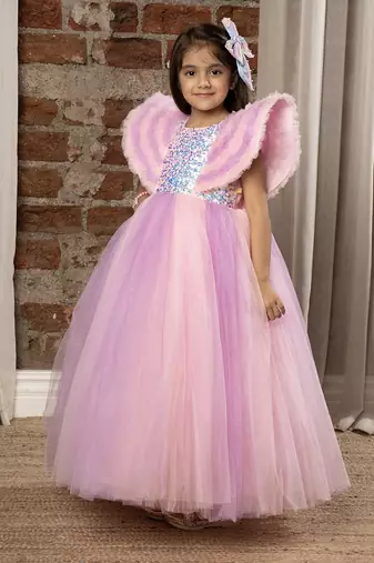 Sequin body Angel sleeves fit and flare ball gown for baby Girls - Baby Pink