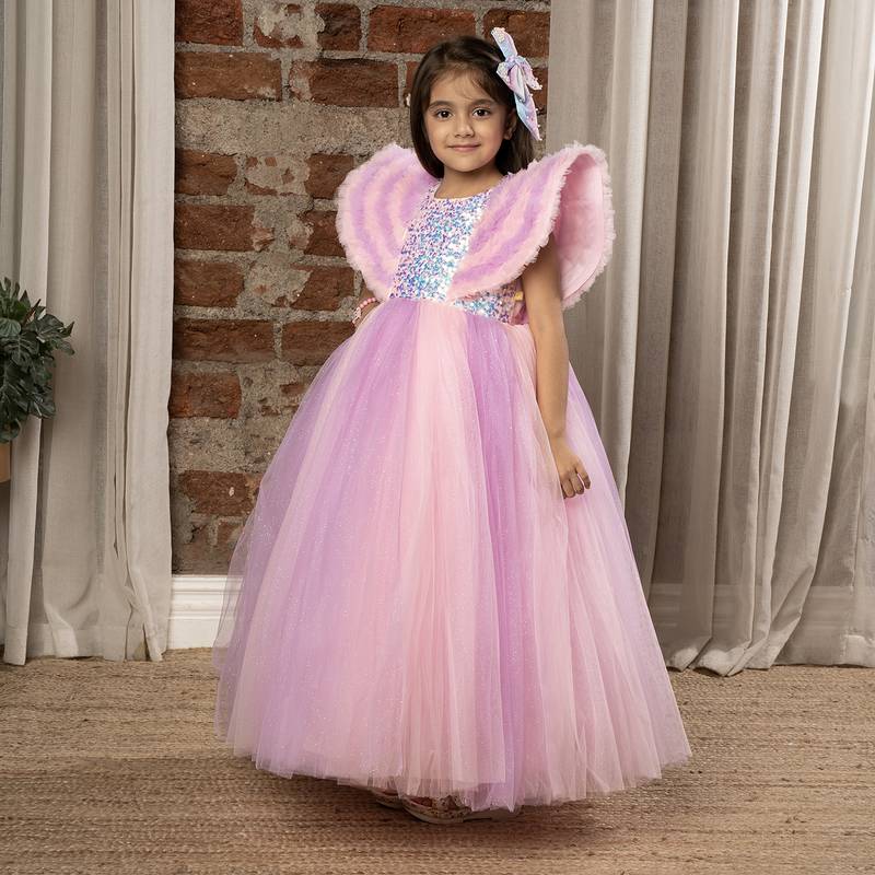 Sequin body Angel sleeves fit and flare ball gown for baby Girls - Baby Pink