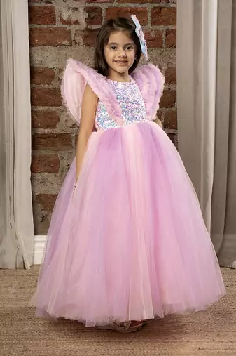 Sequin body Angel sleeves fit and flare ball gown for baby Girls - Baby Pink