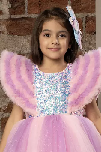Sequin body Angel sleeves fit and flare ball gown for baby Girls - Baby Pink