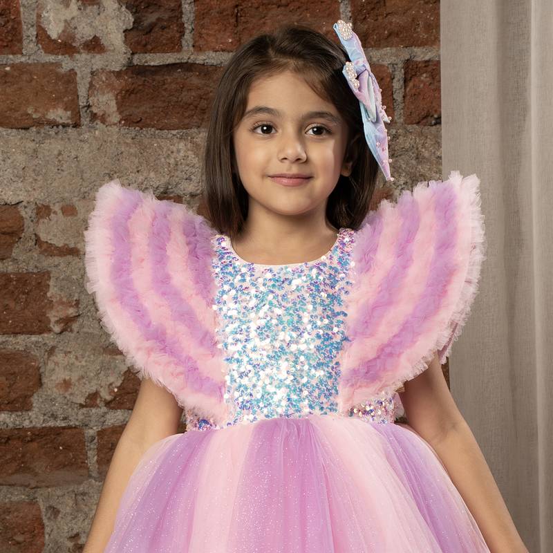 Sequin body Angel sleeves fit and flare ball gown for baby Girls - Baby Pink