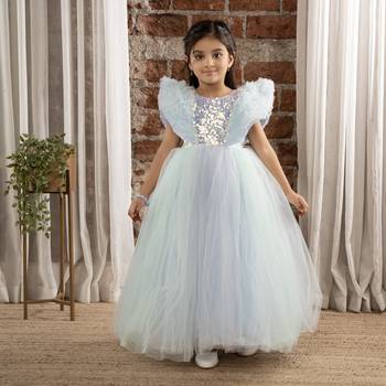 Sequin body Angel sleeves fit and flare ball gown for baby Girls - Sky Blue 1