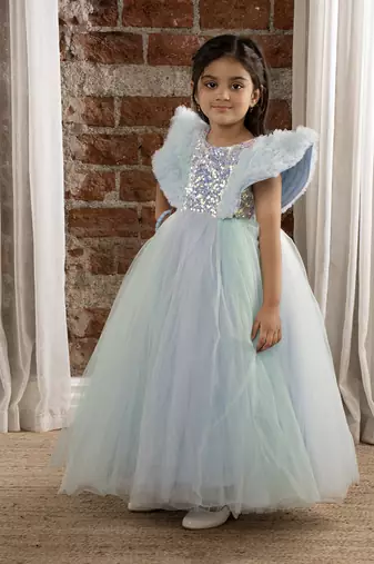 Sequin body Angel sleeves fit and flare ball gown for baby Girls - Sky Blue