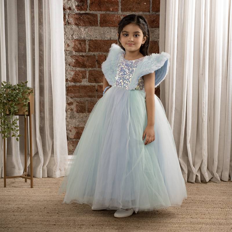 Sequin body Angel sleeves fit and flare ball gown for baby Girls - Sky Blue