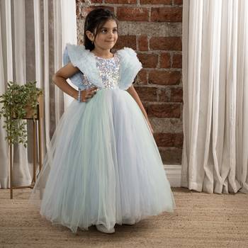 Sequin body Angel sleeves fit and flare ball gown for baby Girls - Sky Blue 4