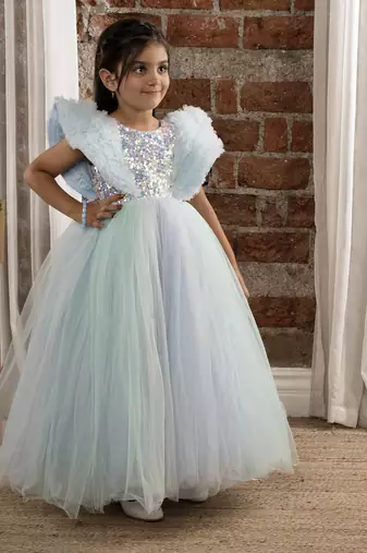 Sequin body Angel sleeves fit and flare ball gown for baby Girls - Sky Blue